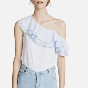 Club Monaco Asymmetrical White and Blue Ruffled Blouse - Women XS